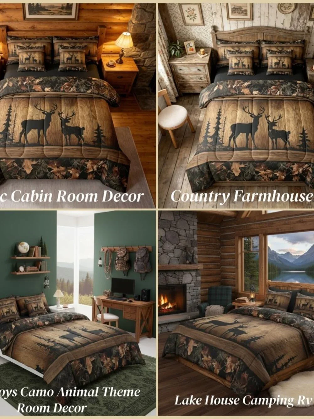Rustic Cabin Bedding Sets 7 Piece Camo Hunting Deer Comforter Set Queen Farmhous